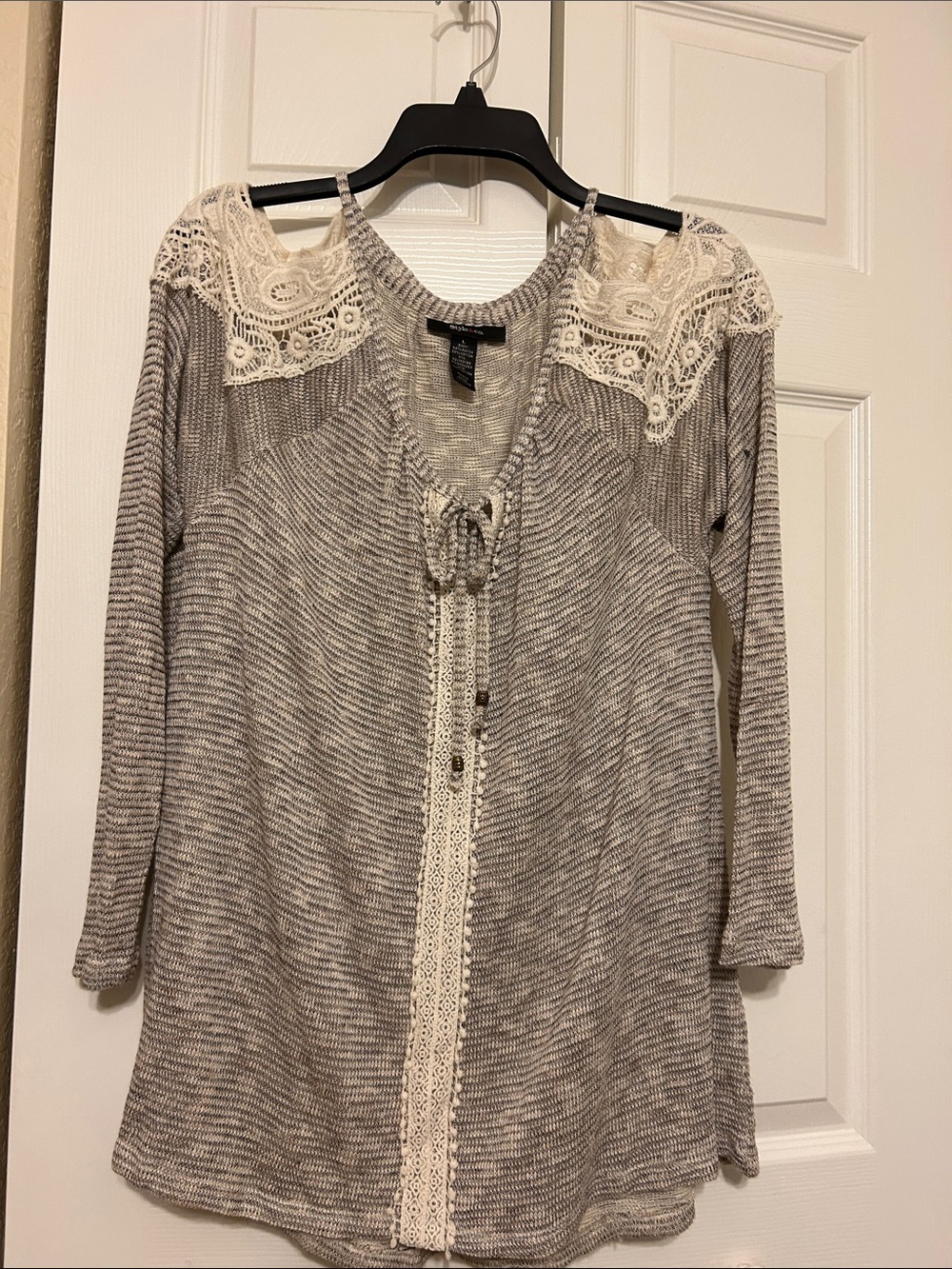 Style & Co. Boho Lace Accent Knit Top - Cream & Gray